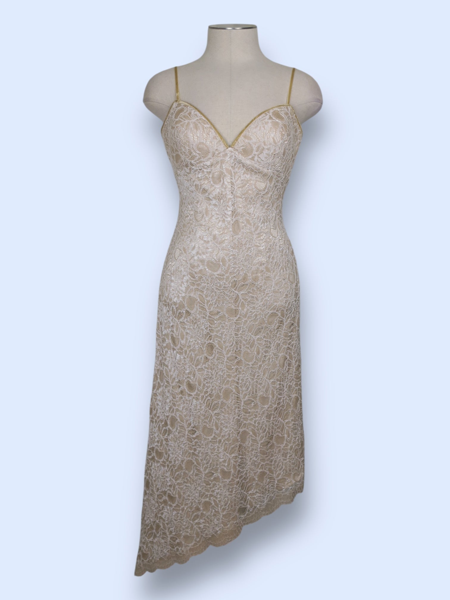 knee length dresses for ladies Asymmetrical Tan Lace Dress-sz 4 – The Phonebooth
