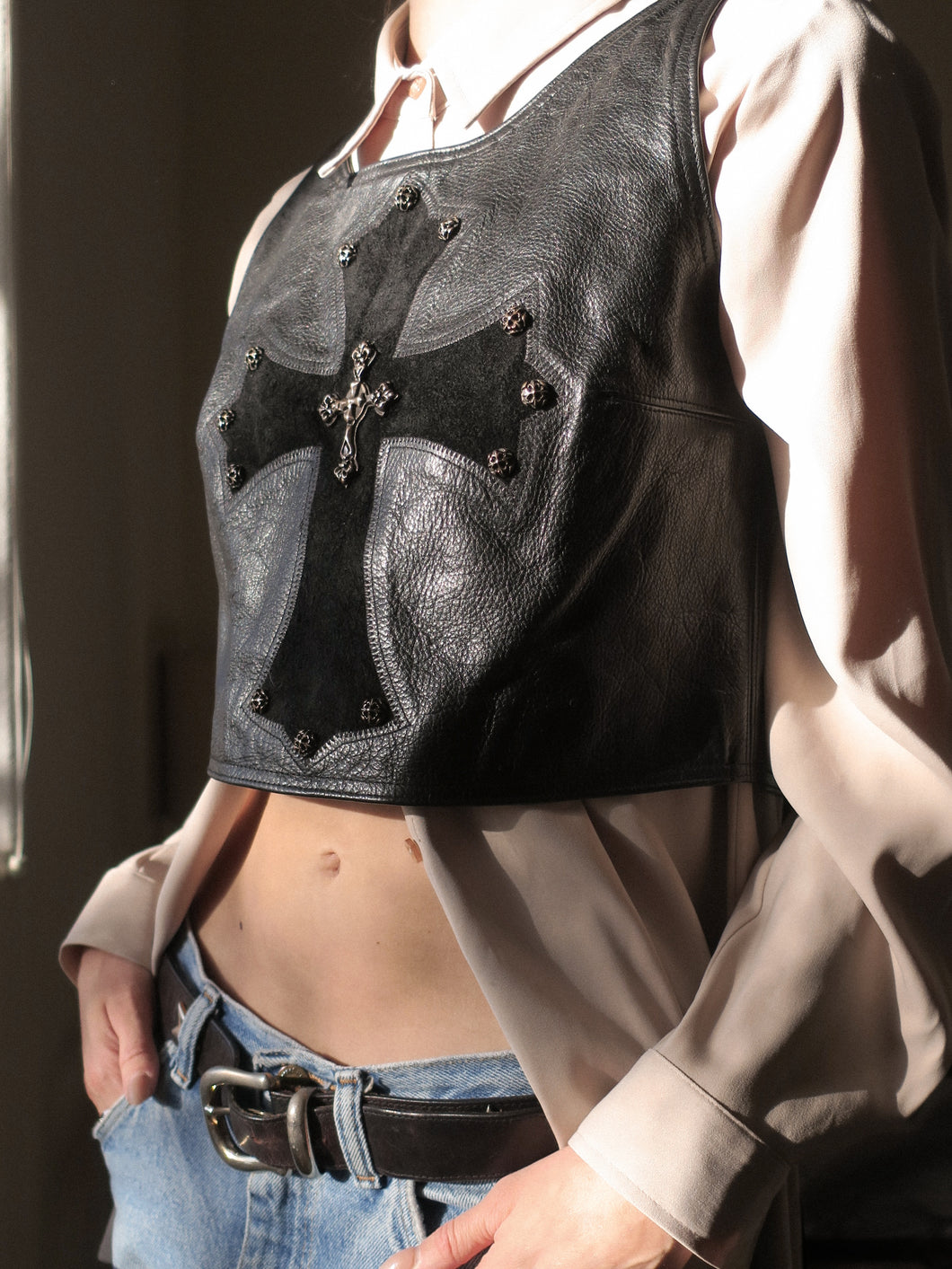 Vtg Amal Guessous Cross Leather Vest-sz M